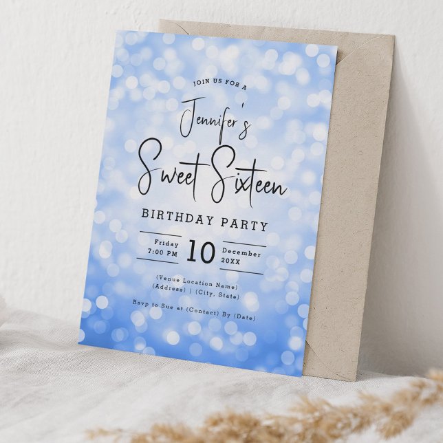 Invitation Elégant Bokeh Modern Script Sweet 16 Navy Blue (Elegant Bokeh Modern Script Sweet 16 Navy Blue Invitation)