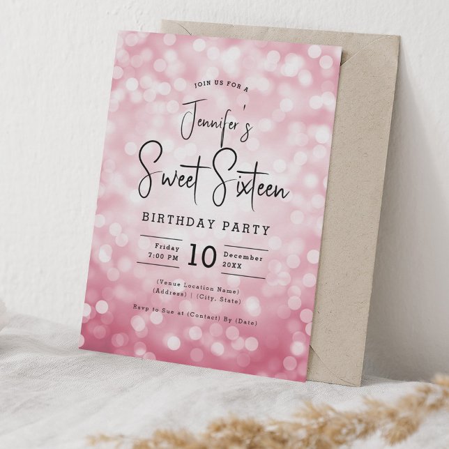 Invitation Elégant Bokeh moderne Script Sweet 16 Blush rose (Elegant Bokeh Modern Script Sweet 16 Blush Pink Invitation)