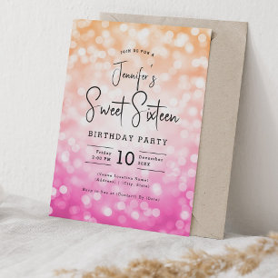 Invitation Elégant Bokeh moderne Script Sweet 16 rose orange