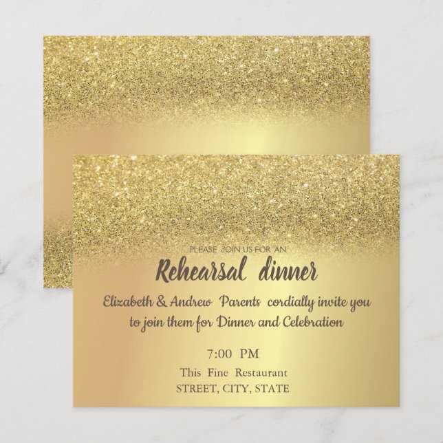Invitation Élégant Bokeh Parties scintillant or Dîner de répé (Devant / Derrière)