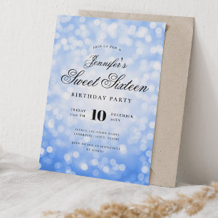 Invitation Elégant Bokeh Script Sweet 16 Party Navy bleu