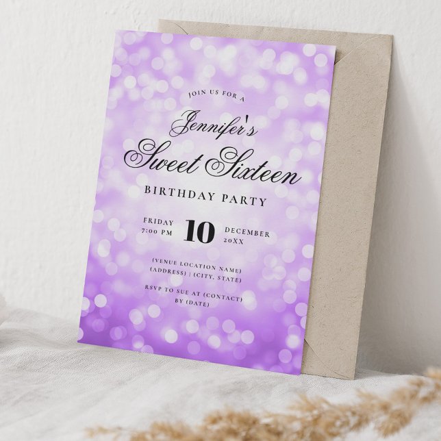 Invitation Élégant Bokeh Script Sweet 16 Party Purple (Elegant Bokeh Script Sweet 16 Party Purple Invitation)