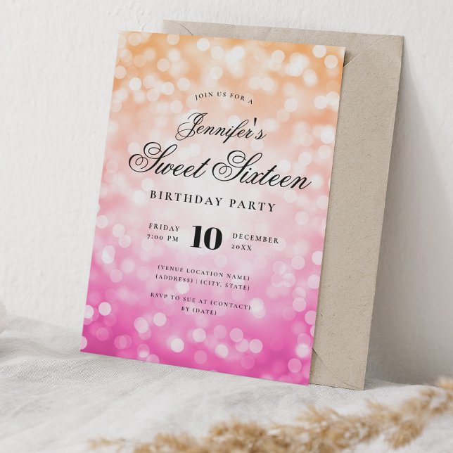 Invitation Élégant Bokeh Script Sweet 16 Party rose orange (Elegant Bokeh Script Sweet 16 Party Pink Orange Invitation)
