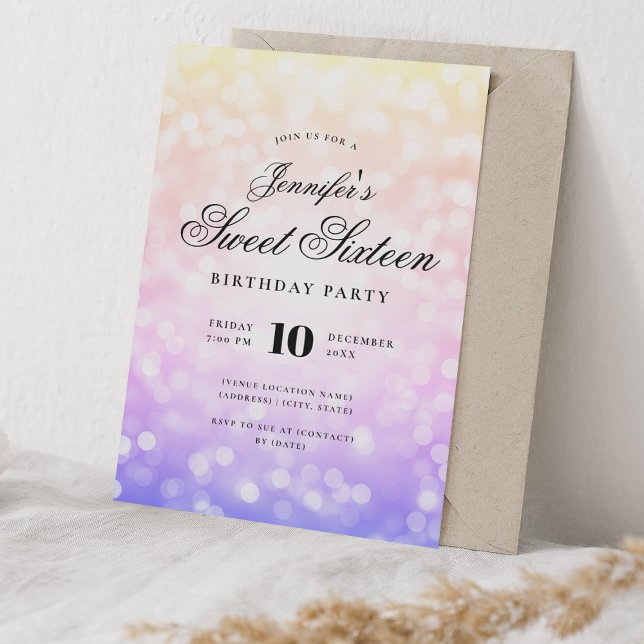 Invitation Élégant Bokeh Script Sweet 16 Rainbow Ombre (Elegant Bokeh Script Sweet 16 Rainbow Ombre Invitation)