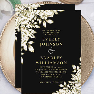 Invitation Élégant Bold Chic Black Gold Floral Mariage photo