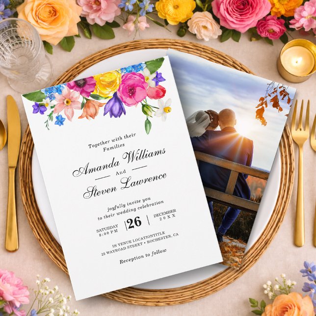 Invitation Élégant Bold Coloré Fleurs aquarelle mariage (Créateur téléchargé)