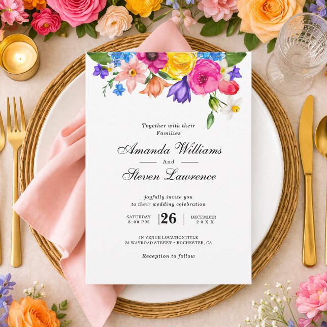Invitation Élégant Bold Coloré Fleurs aquarelle mariage (Créateur téléchargé)