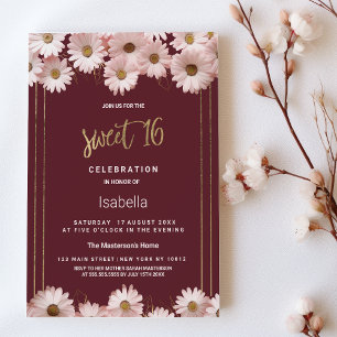 Invitation Élégant bordeaux rose or marguerite fleurs Sweet 1