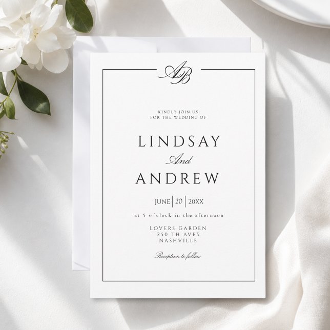 Invitation Élégant Bordure Monogramme Mariage Blanc (Elegant Monogram Border White Wedding Invitation)