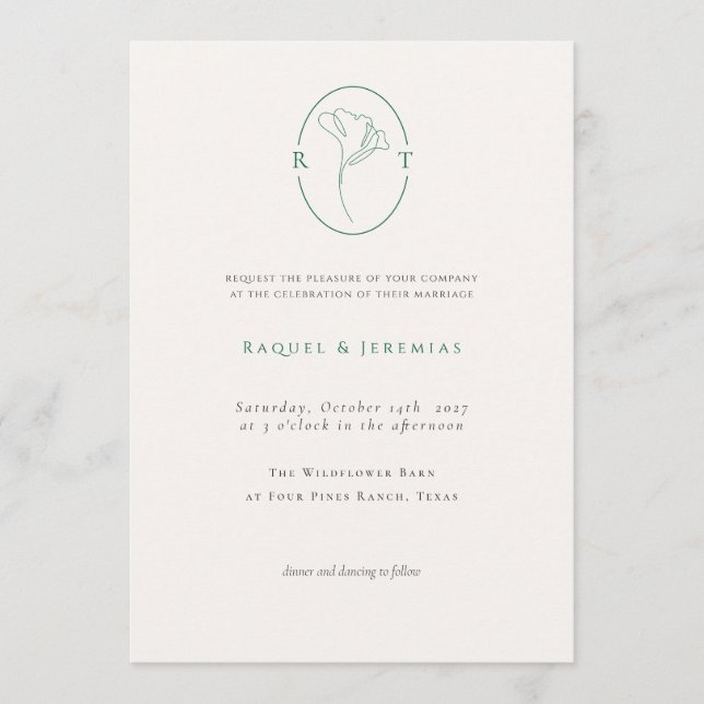 Invitation Elegant Botanical Emerald Monogram Wedding (Devant)