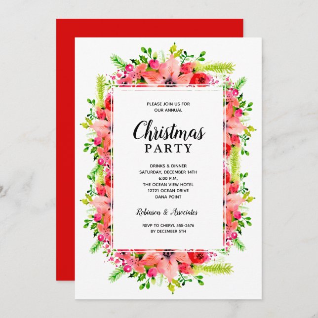 Invitation Elegant Botanical Floral Christmas Party (Devant / Derrière)