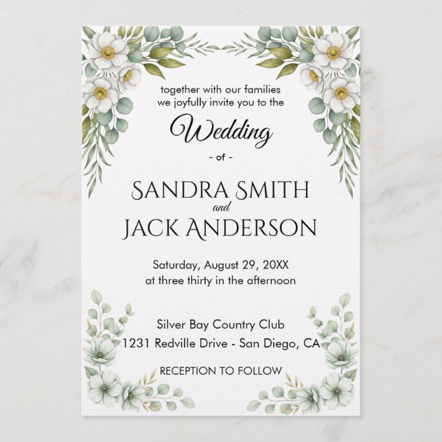 Invitation Elegant Botanical Greenery & White Floral Wedding (Devant)