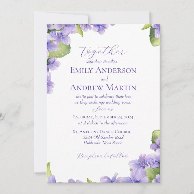Invitation Elégant Botanique Aquarelle Violets Mariage (Devant)