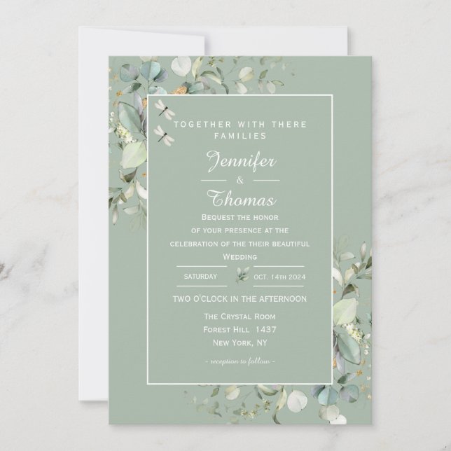 Invitation Elégant Botanique Eucalyptus Vert, Couleur Sage (Devant)