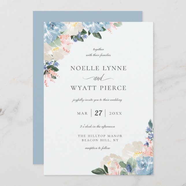 Invitation Élégant Botanique Floral Mariage bleu clair (Devant / Derrière)