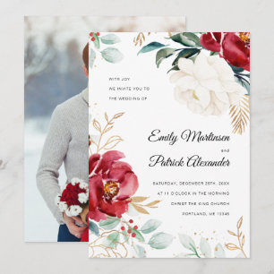 Invitation Élégant Botanique Floral Photo Mariage de Noël