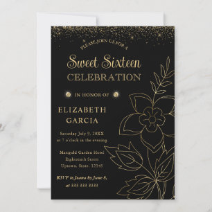 Invitation Élégant Botanique Noir et Or pour un Sweet Sixteen