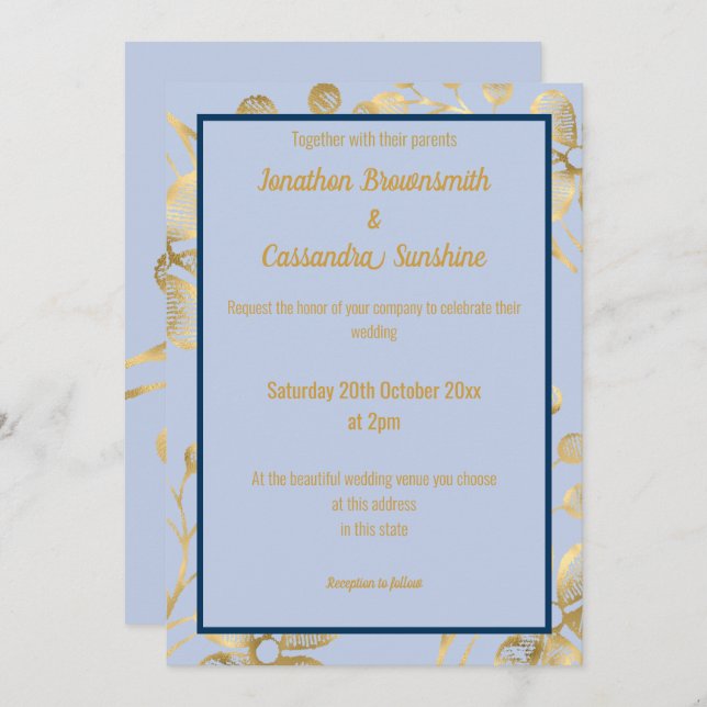 INVITATION ÉLÉGANT BOTANIQUE OR PERIWINKLE NAVY MARIAGE (Devant / Derrière)