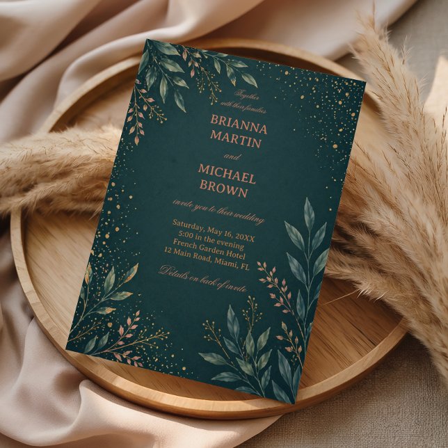 Invitation Élégant Botanique Or Sarcelle (Créateur téléchargé)