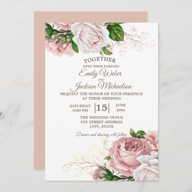 Invitation Élégant Botanique rose Rose blanc Mariage (Devant / Derrière)
