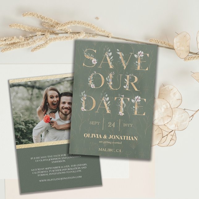 Invitation Elégant Botanique Sage Green Gold Enregistrer la d (Save Our Date Sage Green Botanical Wedding Invite)