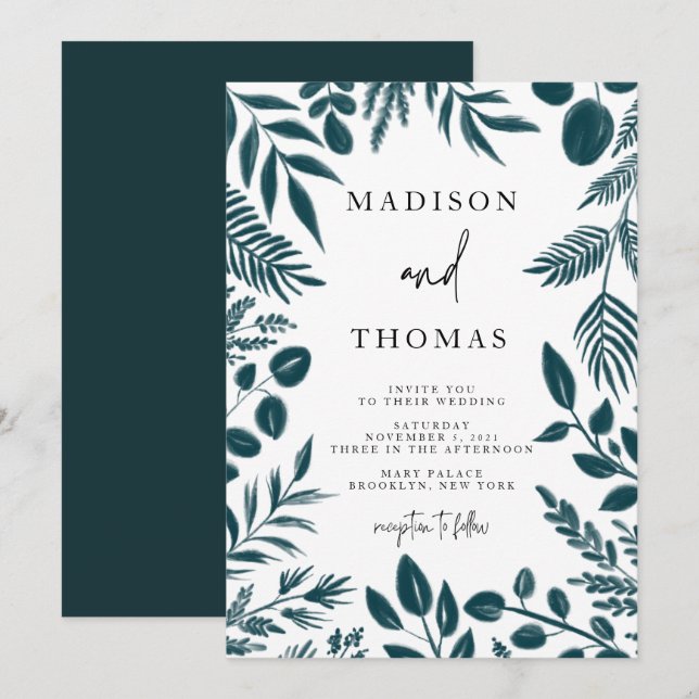 Invitation Elégant Botanique Turquoise Mariage bleu (Devant / Derrière)