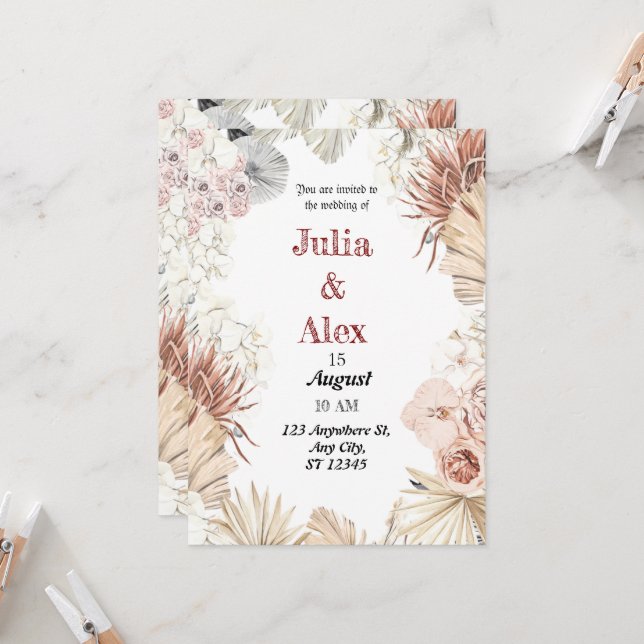 Invitation Élégant Bouquet Bohème Aquarelle Tropical Beige Ma (Devant/Arrière en situation)