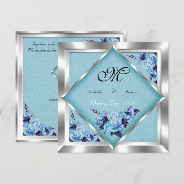 Invitation Élégant bouquet de mariage sarcelle roses violette (Devant / Derrière)