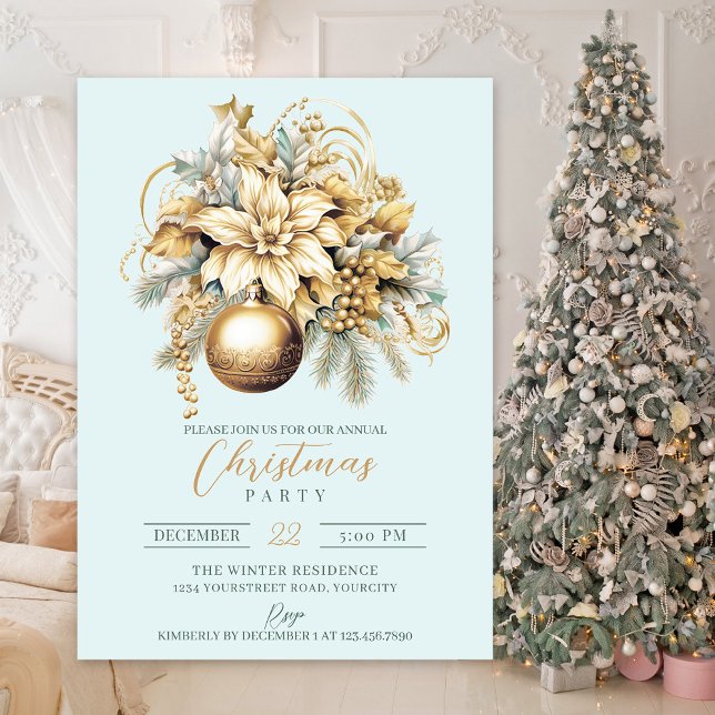 Invitation Elégant bouquet de Noël classique bleu or (Gold luxury elegant Christmas party invitation)