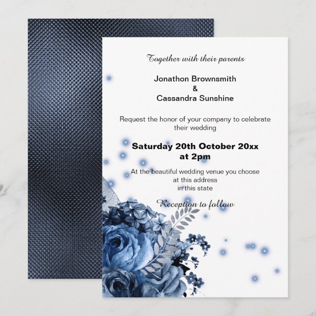 INVITATION ÉLÉGANT BOUQUET FLORAL BLEU EMBOSSÉ MARIAGE (Devant / Derrière)