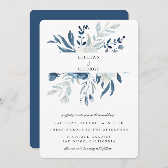 Invitation Élégant bouquet floral bleu mariage (Devant / Derrière)