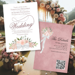 Invitation Élégant bouquet floral rose QR Code Mariage