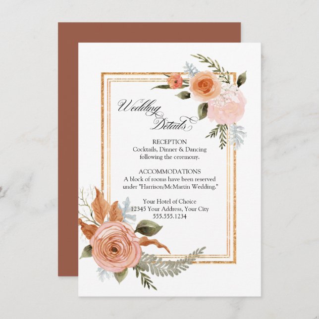 Invitation Elégant Bouquet Rose Gold Détails Mariage (Devant / Derrière)