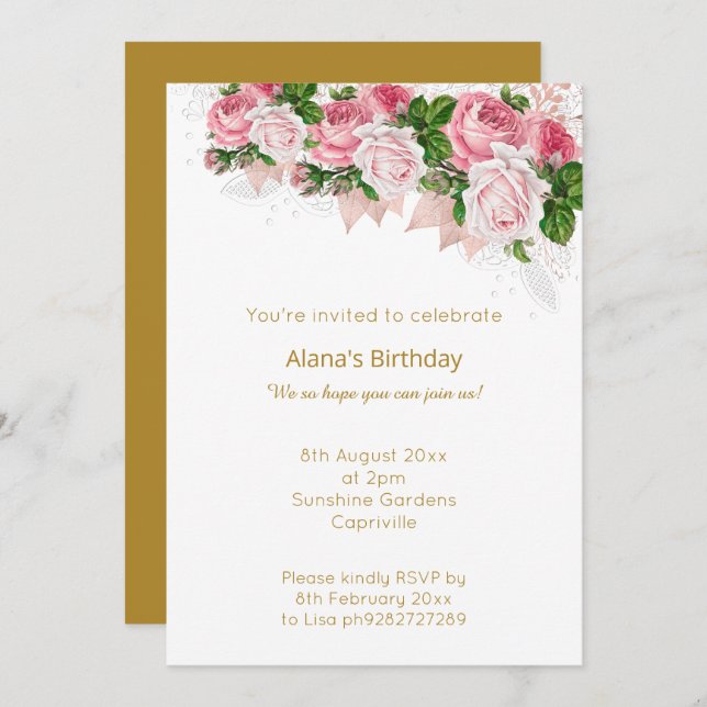 INVITATION ÉLÉGANT BOUQUET ROSE ROSE EN LACE BLANCHE MODERNE (Devant / Derrière)