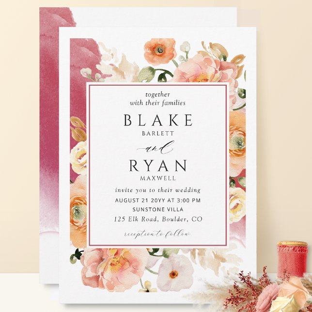 Invitation Élégant Bourgogne, Blush, Mariage botanique Pêche (Créateur téléchargé)
