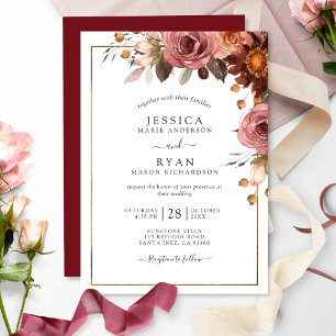 Invitation Élégant Bourgogne, Blush, Mariage floral miel