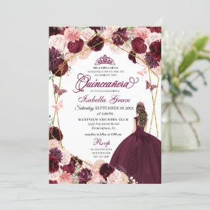 Invitation Elégant Bourgogne Blush rose Floral Quinceanera In