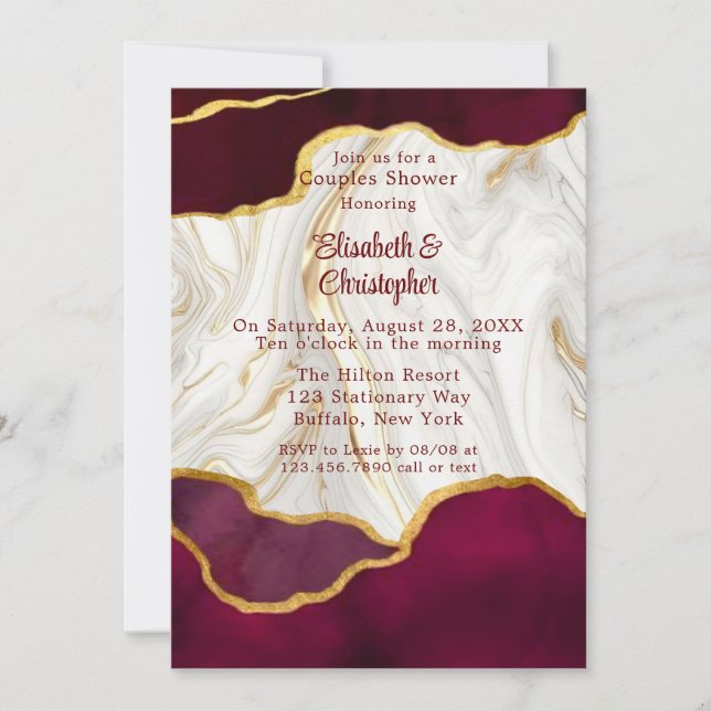 Invitation Elégant Bourgogne et Or Agate Couples Douche Douch (Devant)
