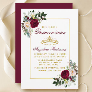 Invitation Elégant Bourgogne Floral Verdure Quinceanera Or