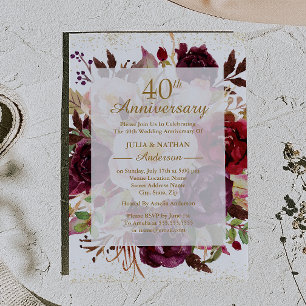 Invitation Élégant Bourgogne Or 40e Anniversaire de Mariage