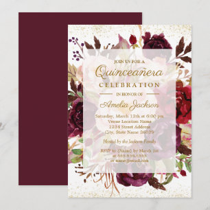 Invitation Élégant Bourgogne Or Fleurir Quinceanera Anniversa