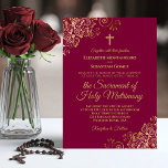 Invitation Élégant Bourgogne & Or Mariage catholique moderne<br><div class="desc">Cette belle faire-part de mariage est parfaite pour une cérémonie catholique moderne. Il présente un design magnifique avec des lettres d'or élégantes et orne des boucles et des tourbillons dorés dans les coins sur un arrière - plan bordeaux, marron ou rouge vif. Inclut une croix ou un crucifix, et une...</div>