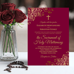 Invitation Élégant Bourgogne & Or Mariage catholique moderne