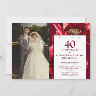 Invitation Elégant Bourgogne Rouge Floral 40e Anniversaire Ph