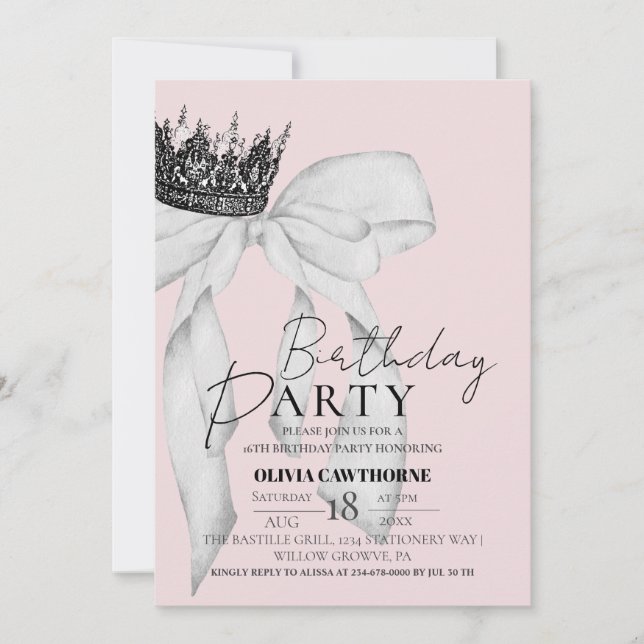 Invitation Elegant Bow Couronne fête d'anniversaire (Devant)