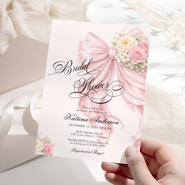 Invitation Elegant Bow Floral Blush Pink Bridal Shower  (Créateur téléchargé)
