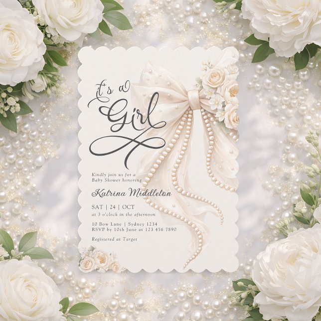 Invitation Elegant Bow Floral It's a Girl Baby Shower (Créateur téléchargé)