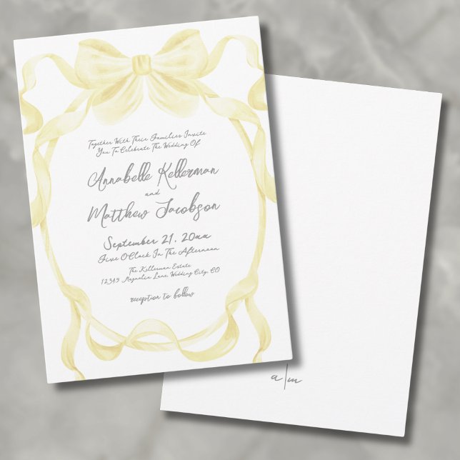 Invitation Élégant Bow Jaune Rubans Mariage Whimsical (Elegant Yellow Bow Ribbons Whimsical Wedding Invitation)
