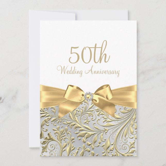 Invitation Elegant Bow Leaf Blanc Or 50e Anniversaire (Devant)
