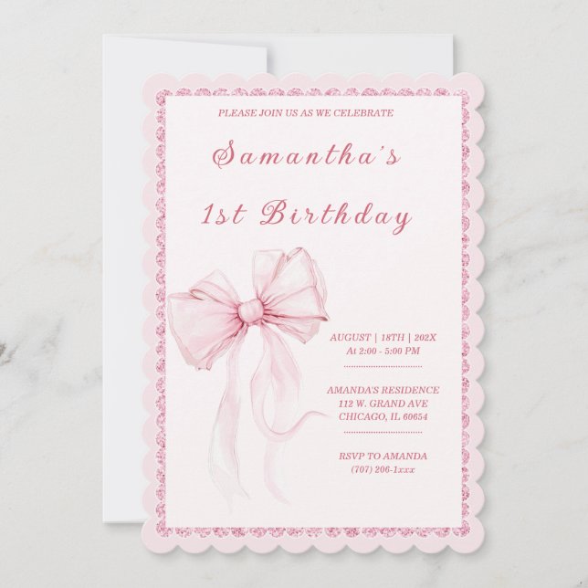 Invitation Elégant Bow rose 1er anniversaire pour les filles (Devant)